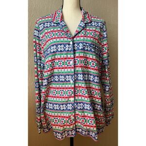 Lands End Women's Holiday Pajama Flannel Top Green Sleep Shirt Fair Isle XL/18